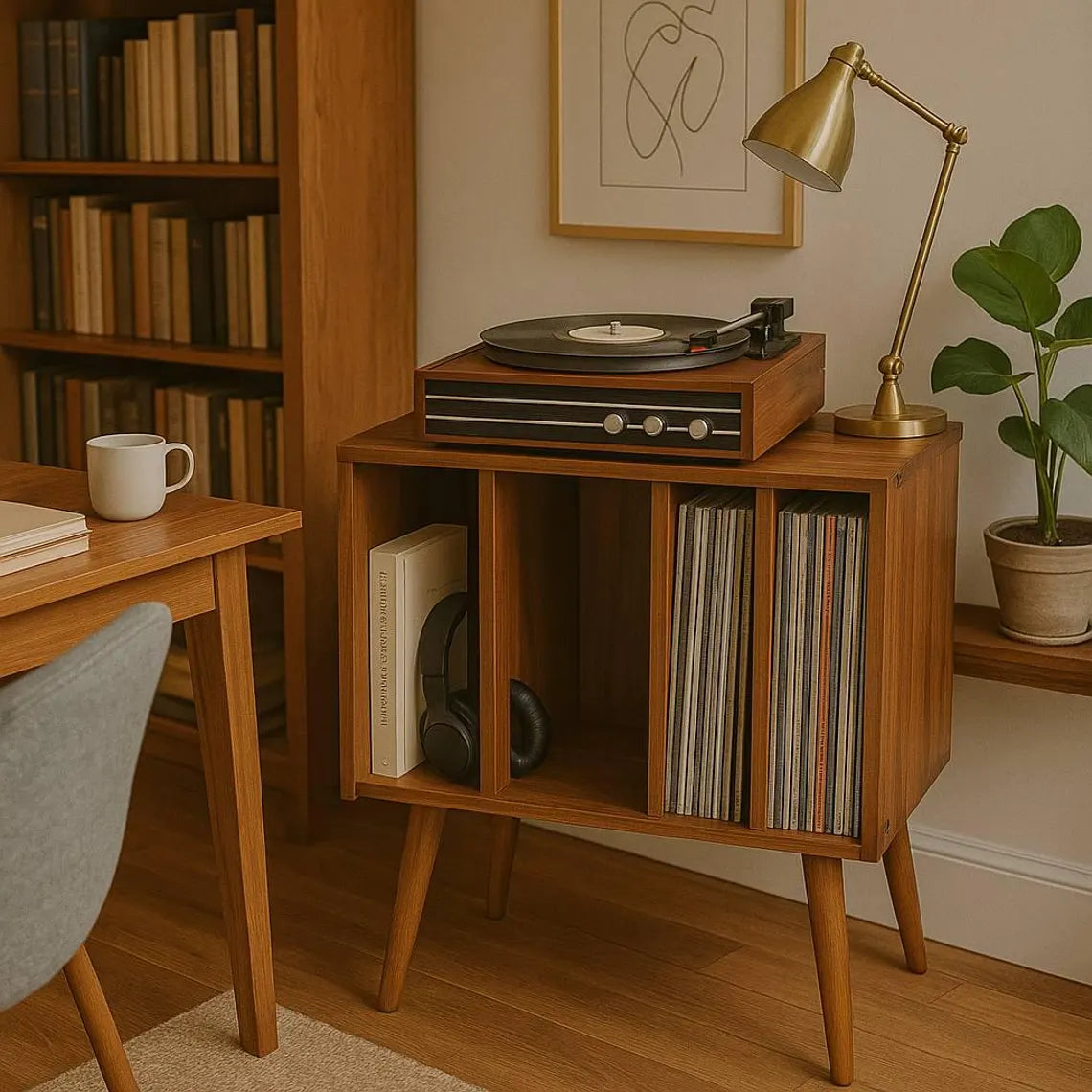 Mid Century Modern Wooden Record Player Stand – Vinyl Storage Cabinet