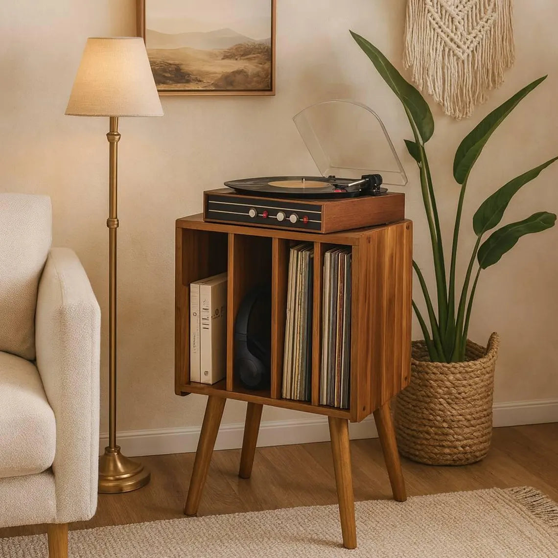 Mid Century Modern Wooden Record Player Stand – Vinyl Storage Cabinet