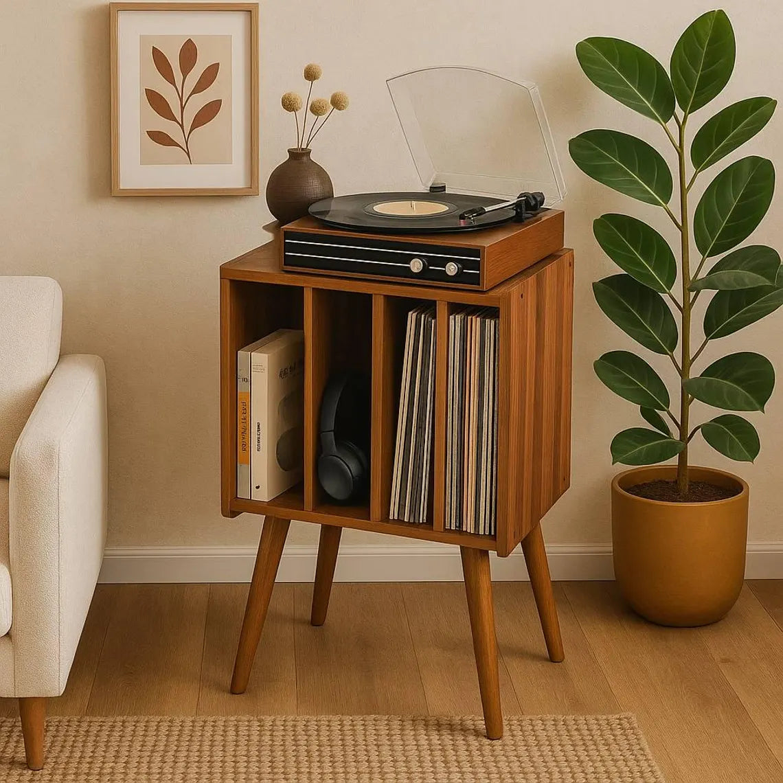 Mid Century Modern Wooden Record Player Stand – Vinyl Storage Cabinet