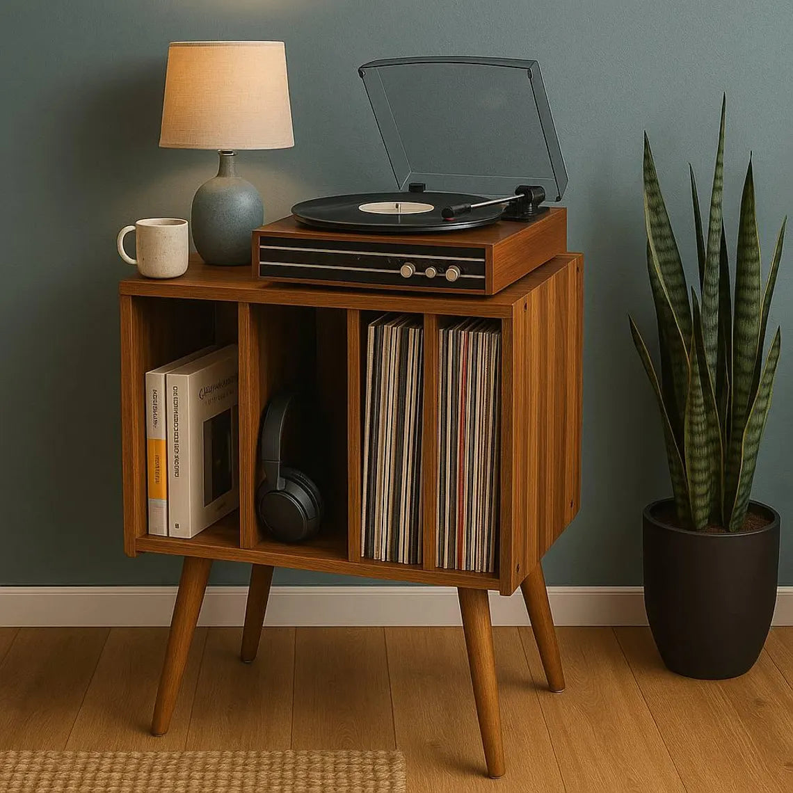 Mid Century Modern Wooden Record Player Stand – Vinyl Storage Cabinet